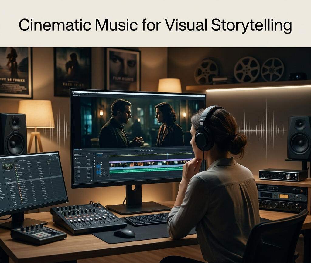 Video editor working on cinematic music for film and visual storytelling